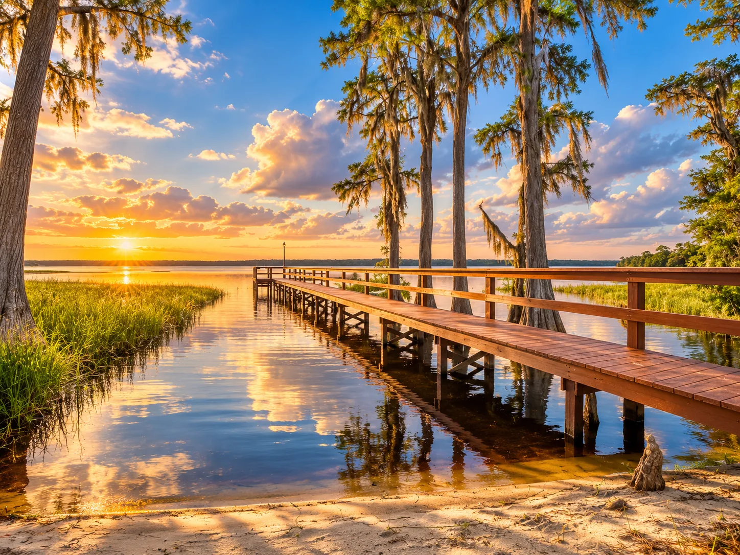 Píer entre ciprestes num lago, ao entardecer