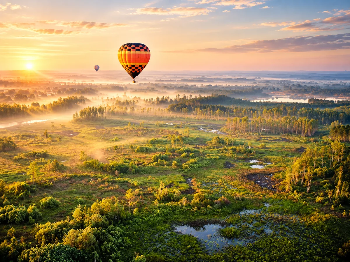 Balão sobre campos verdes e lagos, com o sol baixo