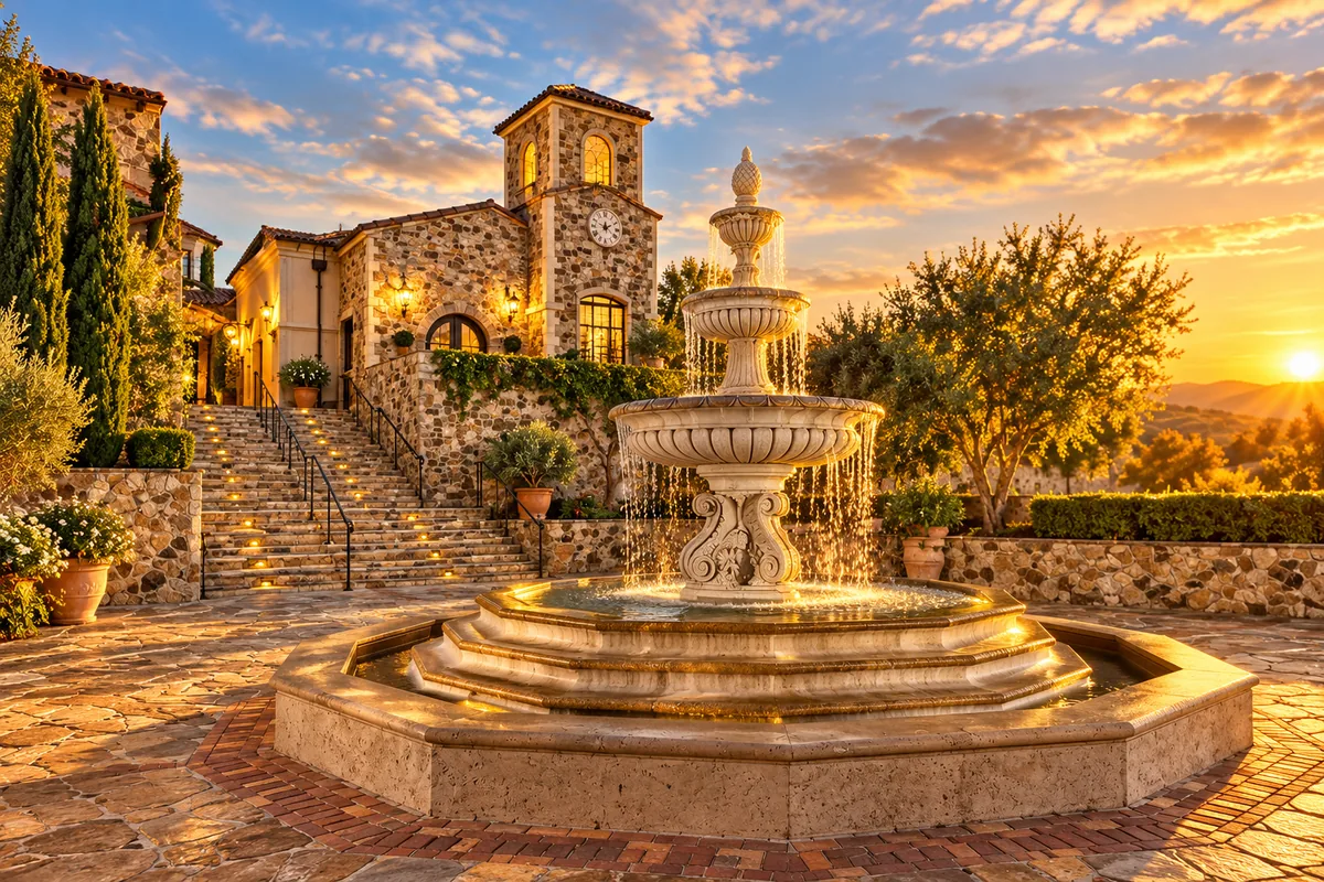 Fonte de pedra diante de um casarão em estilo toscano, ao entardecer