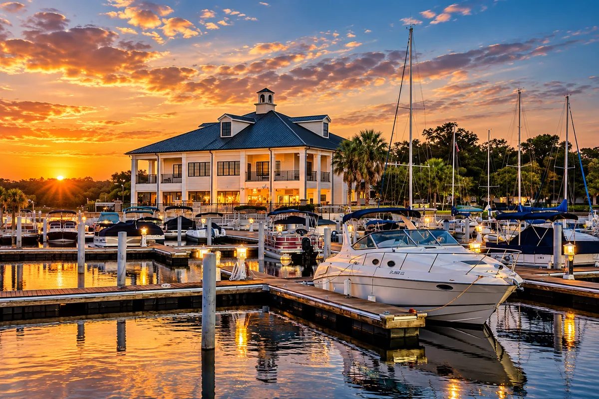 Marina com barcos no lago, ao pôr do sol